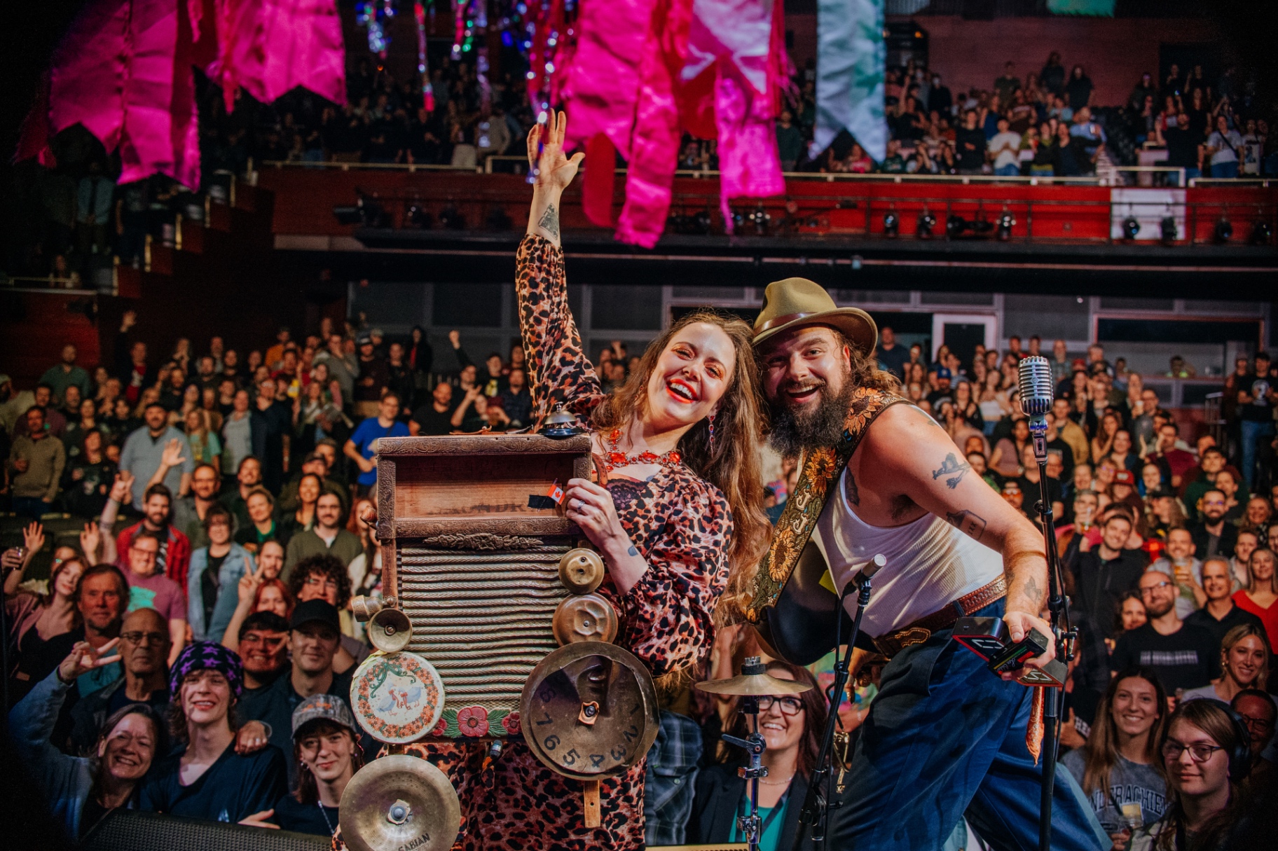 The Vaudevillian performing in front of a full festival crowd